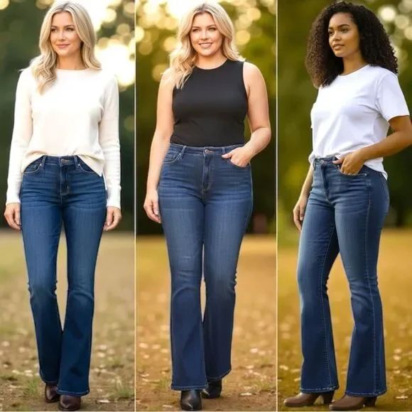 Kancan Mid Rise Dark Wash Classic Slim Flare Jeans Light Distressing – NWT - Picture 5 of 13